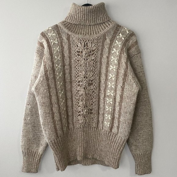 Vintage Sweaters - Vintage Romantic Lace Beads Beige Melange Wool Knit Turtleneck Sweater